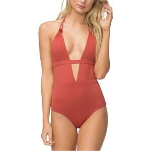 Tavik “Emme” halter one piece rust red dusty plunge v neck high cut cheeky